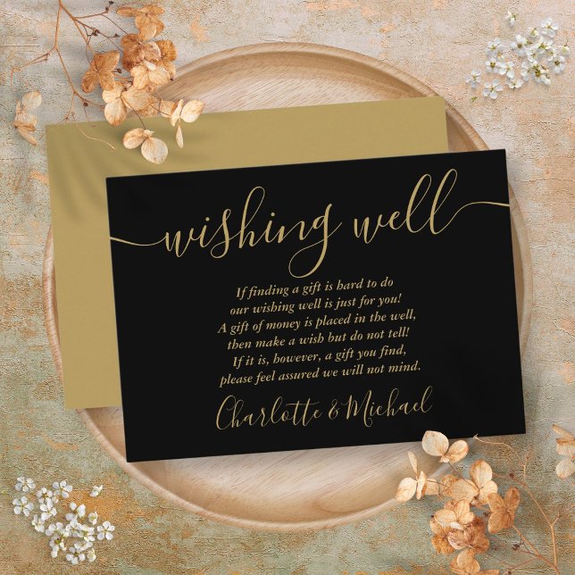 Cartão De Informações Poço de Desejos Preto e Dourado Casamento de Carta (Wishing Well Black And Gold Script Wedding Enclosure Card)