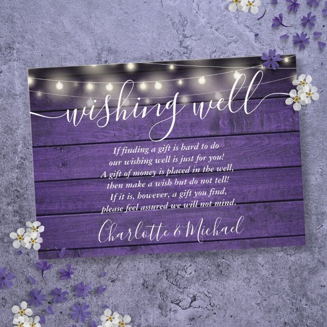 Cartão De Informações Poço dos Desejos Luzes de Natal Roxas em Madeira C (Wishing Well Purple Wood String Lights Wedding Enclosure Card)