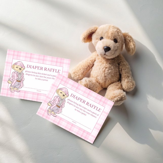 Cartão De Informações Podemos esperar muito pela fralda rosa (We can bearly wait pink plaid girls teddy bear baby shower diaper raffle enclosure cards)