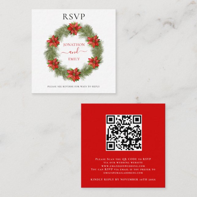 Cartão De Informações Poinsettia Natal Casamento QR Código RSVP (Frente/Verso)