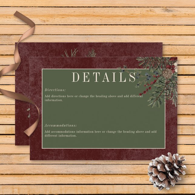 Cartão De Informações Pormenores da Rustic Winter Berries & Pine Burgund (Rustic Winter Berries & Pine Burgundy Wedding Details Card)