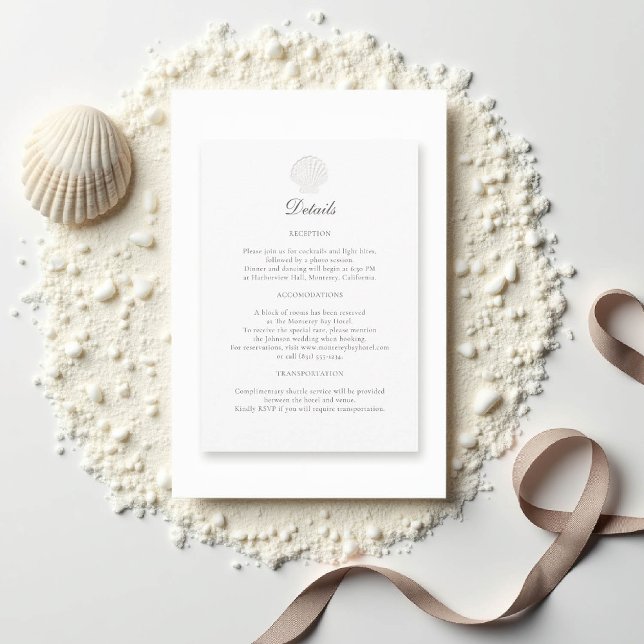 Cartão De Informações Pormenores de Casamento Formal da Célula Costeira  (nautical wedding reception details coastal modern classic formal traditional elegant shell)