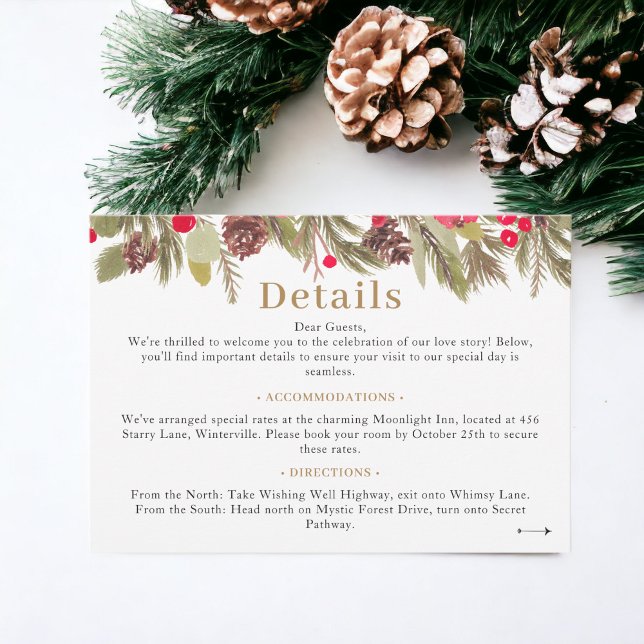 Cartão De Informações Pormenores do casamento da pinheiro vermelho verme (Winter pine elegance red green Wedding details Enclosure Card)