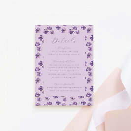 Cartão De Informações Pormenores do Casamento de Flores Roxos de Aquarel