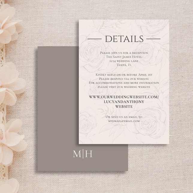 Cartão De Informações Pormenores do Casamento Elegante Escamotear Verde  (Simple Wedding details card with elegant floral blush and taupe backgrounds)