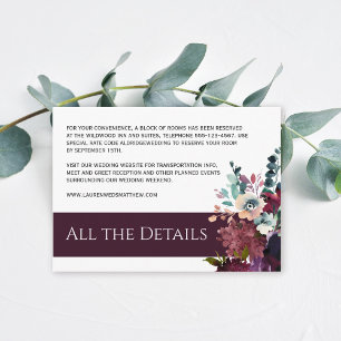 Cartão De Informações Pormenores do Casamento Floral de Vinho Luxuoso