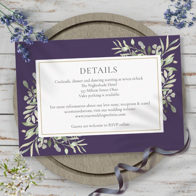Cartão De Informações Pormenores do Casamento Floral do Púrpura Greenery (Purple Greenery Floral Wedding Details Enclosure Card)