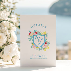 Cartão De Informações Pormenores do Casamento Italiano Amalfi Monograma 