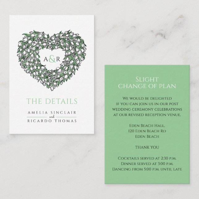 Cartão De Informações Pormenores do casamento tulipas brancas monograma  (Frente/Verso)