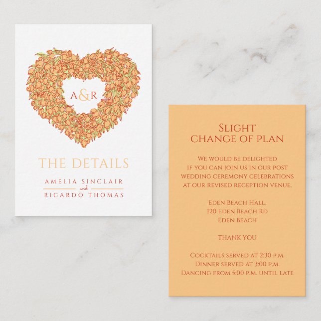 Cartão De Informações Pormenores do casamento tulipas laranja monograma (Frente/Verso)