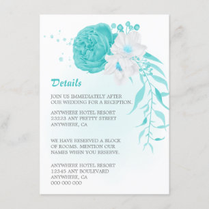 Cartão De Informações Pormenores florais brancos de turquesa romântica