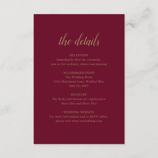 Cartão De Informações Pormenores Formais Elegantes Casamento Dourado da  (Frente)