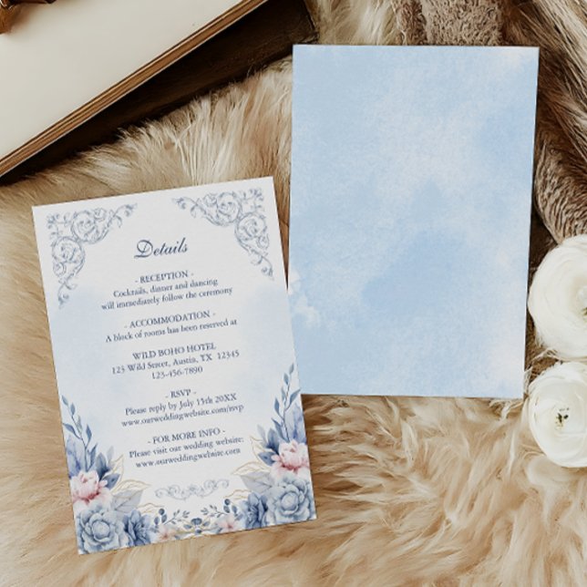 Cartão De Informações Powder Blue Floral Wedding Details (Criador carregado)