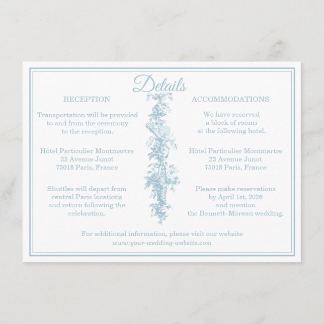 Cartão De Informações Powder Blue Toile de Jouy Wedding Details Enclosur (Frente)
