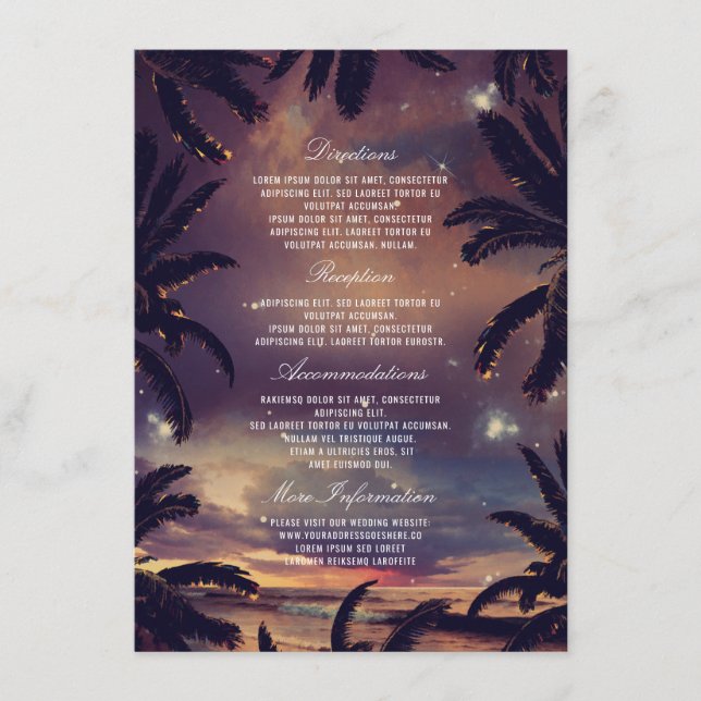 Cartão De Informações Praia Sunset Palm Deixa Detalhes De Casamento (Frente)