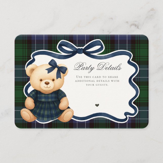 Cartão De Informações Preppy Coquette Bow Bear Tartan Plaid Details Card (Frente)