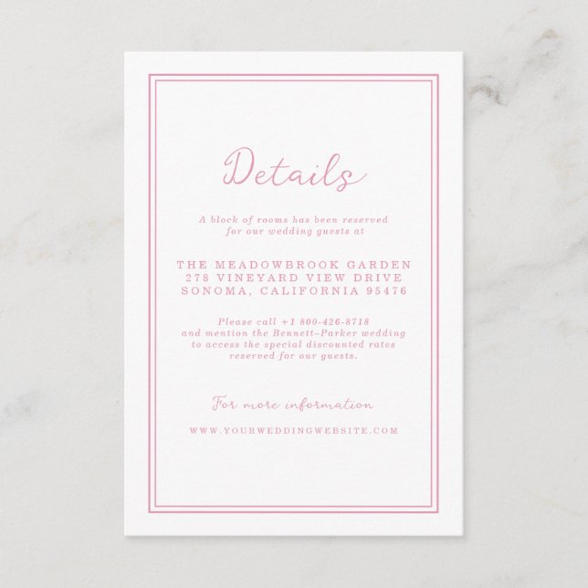 Cartão De Informações Preppy Peony Pink Chic Wedding Details Card (Frente)