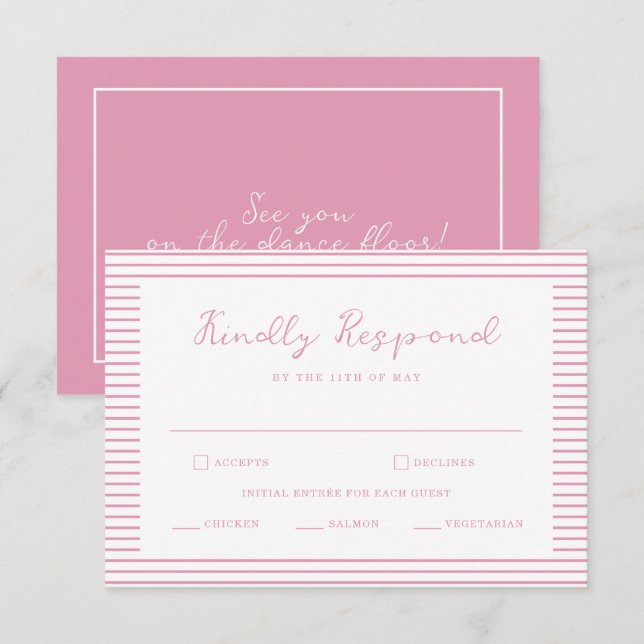 Cartão De Informações Preppy Peony Pink Striped Wedding RSVP Card (Frente/Verso)