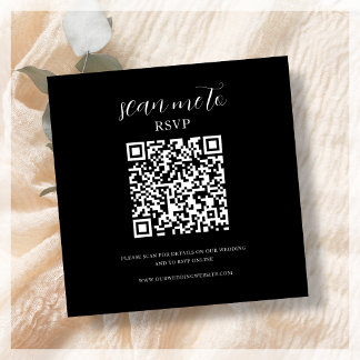 Cartão De Informações Preto | Código QR de RSVP de Casamento