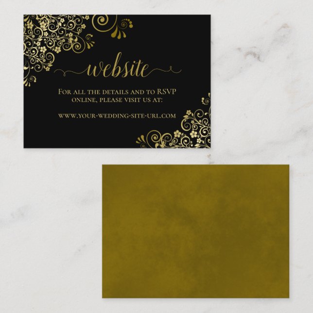 Cartão De Informações Preto com Dourado Site de Casamento Floral (Frente/Verso)