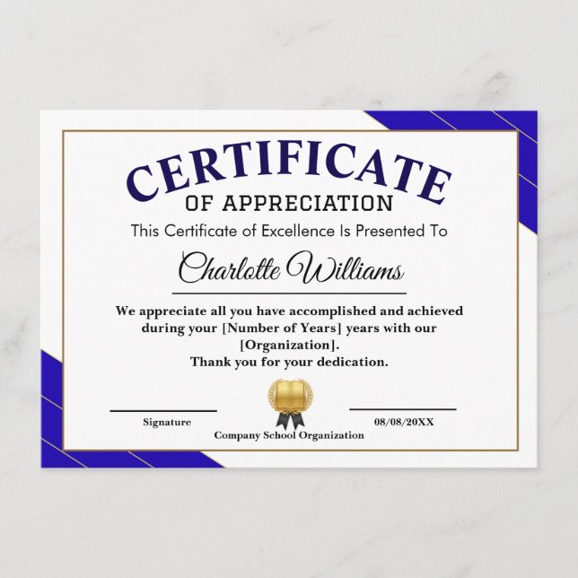 Cartão De Informações Professional Certificate of Appreciation Award (Frente)