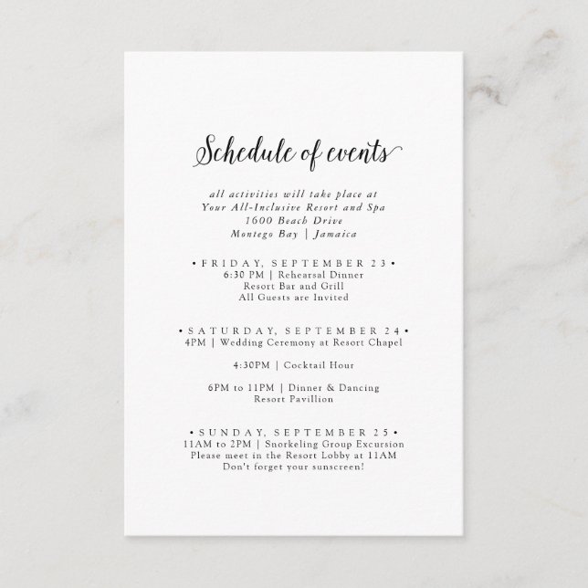 Cartão De Informações Programação de Eventos de Fim de Semana de Casamen (Frente)