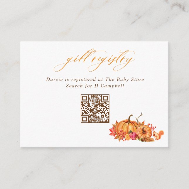 Cartão De Informações Pumpkins Squirrel e deixa o QR Code Gift Registry (Frente)