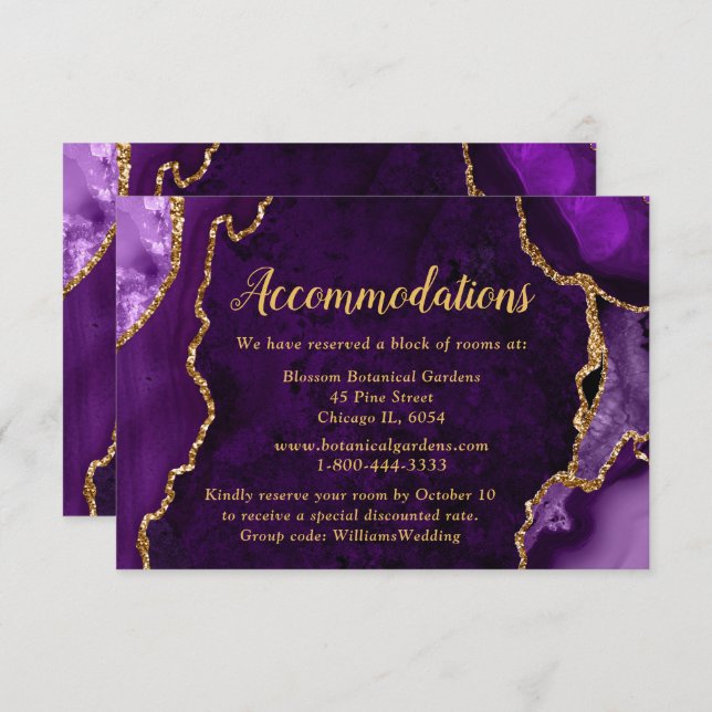 Cartão De Informações Purple and Gold Agate Wedding Accommodations (Frente/Verso)