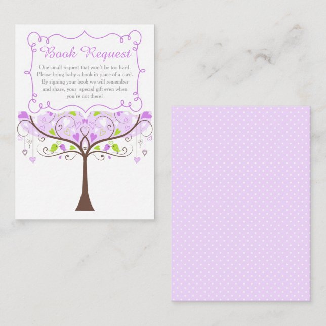 Cartão De Informações Purple and Green Bird Baby Shower Book Request (Frente/Verso)