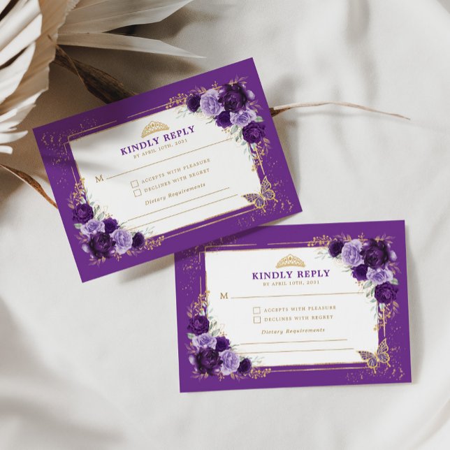 Cartão De Informações Purple Dourada Quinceanera Mis Quince 15 Anos RSVP (Criador carregado)