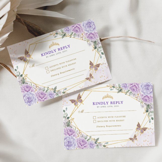 Cartão De Informações Purple Dourada Quinceanera Mis Quince 15 Anos RSVP (Criador carregado)