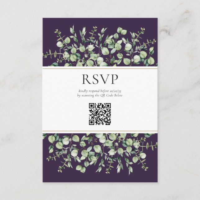 Cartão De Informações Purple Eucalyptus QR Code Wedding RSVP  (Frente)