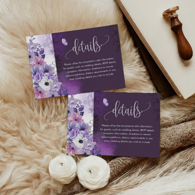 Cartão De Informações Purple Floral Wedding Details Card (Criador carregado)