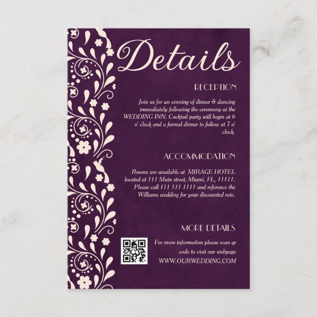 Cartão De Informações Purple Floral Wedding Details QR code (Frente)