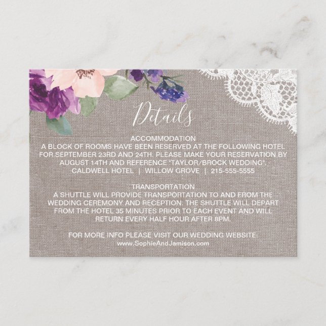 Cartão De Informações Purple Flowers & Lace Wedding Details Insert Card (Frente)