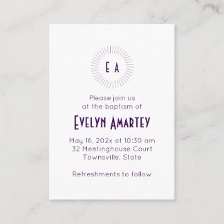 Cartão De Informações Purple Monogram Circle Baptism Invitation