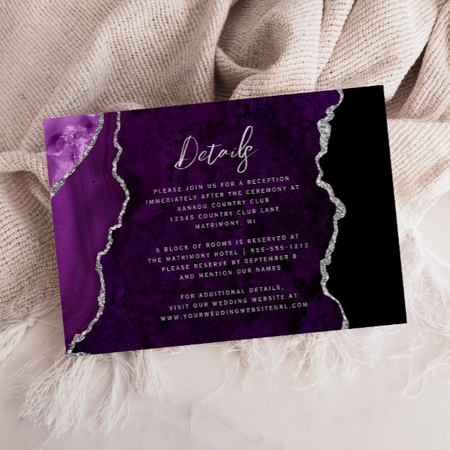 Cartão De Informações Purple Silver Agate Script Wedding Details (Criador carregado)