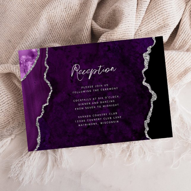 Cartão De Informações Purple Silver Agate Script Wedding Reception (Criador carregado)