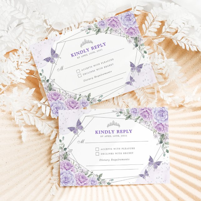 Cartão De Informações Purple Silver Quinceanera Mis Quince 15 Anos RSVP (Criador carregado)