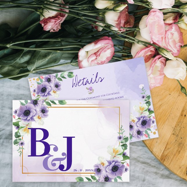 Cartão De Informações Purple White Floral Gold Frame Wedding Details (Purple White Floral Gold Frame Wedding Details Enclosure Card)