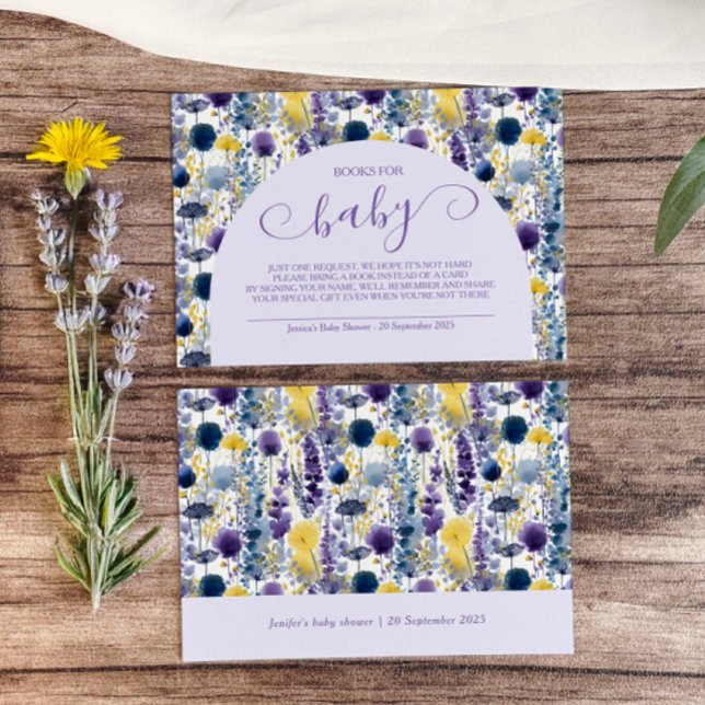 Cartão De Informações Púrpura Amarelo-Vidro Livros de Flores Selvagens p (Celebrate your mama-to-be moment in full bloom with this elegant wildflower diaper raffle.)