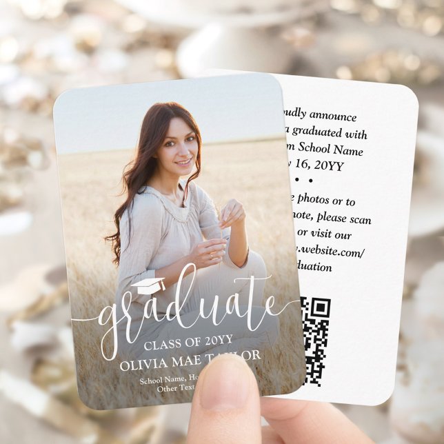 Cartão De Informações QR Code Mini Graduação Foto Moderno White Script (Criador carregado)