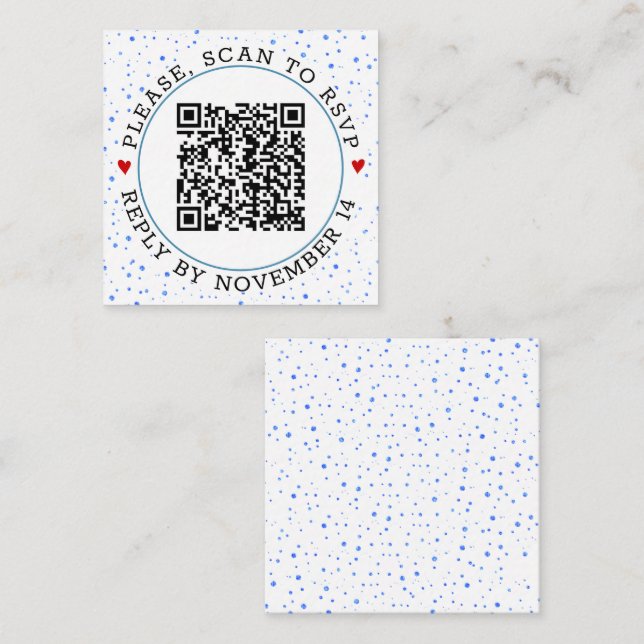 Cartão De Informações QR code RSVP Blue border e confetti (Frente/Verso)