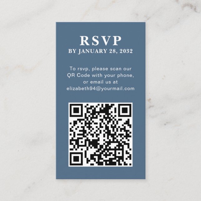 Cartão De Informações QR Code simples foto simples e elegante RSVP azul  (Frente)