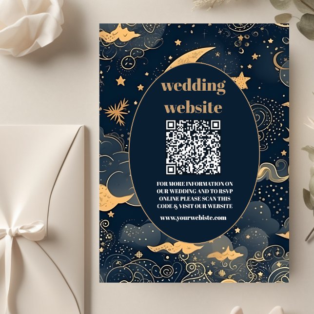 Cartão De Informações qr codeMidnight Blue Dourado Casamento Celestial (Criador carregado)