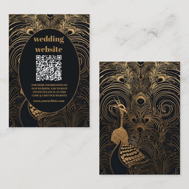 Cartão De Informações qr código Elegante Art Deco Peacocks Casamento (Frente/Verso)