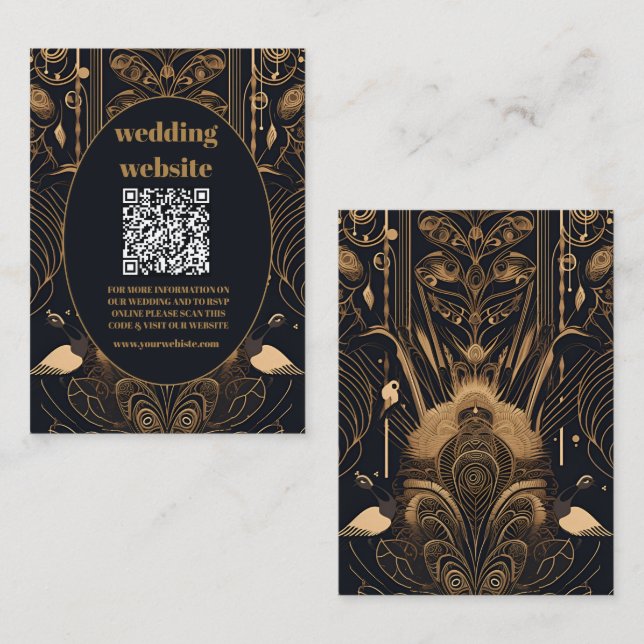 Cartão De Informações qr código Elegante Art Deco Peacocks Casamento (Frente/Verso)