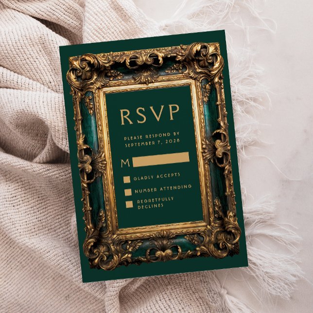 Cartão De Informações Quadro Antigo Verde Dourado Casamento RSVP (Criador carregado)