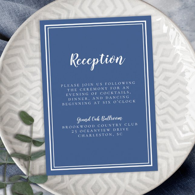 Cartão De Informações Quadro branco azul clássico de Recepção de casamen (Simple Wedding Reception Classic Blue White Frame Enclosure Card)