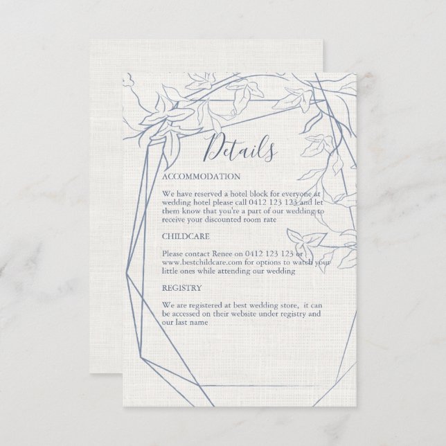 Cartão De Informações Quadro Floral Azul Elegante | Linen Wedding (Frente/Verso)